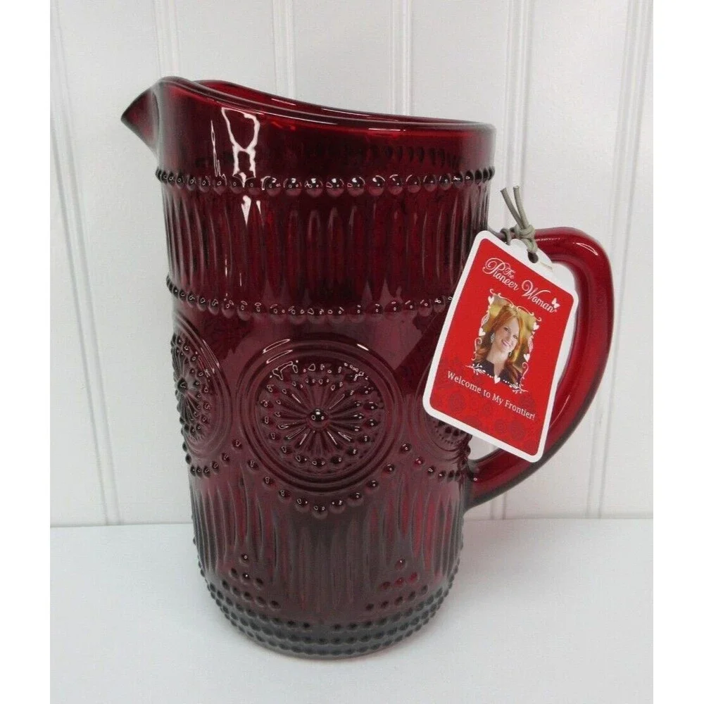 Pioneer Woman Pitcher Adeline Ruby Red Glass  54 oz. 8.5